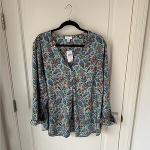 J. Jill Bird Printed Satin Popover Blouse 3X NEW WITH TAGS, Back Neck Pin Hole